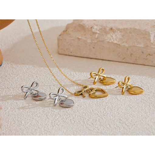 Waterproof Bow knot Heart Lover Necklace Earrings Set Silver