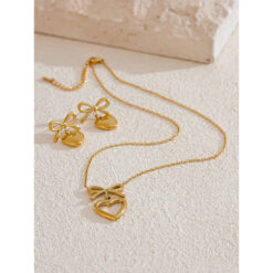 Waterproof Bow knot Heart Lover Necklace Earrings Set Gold