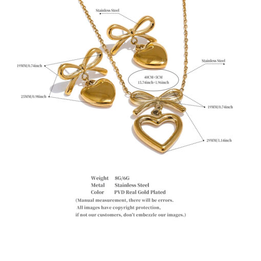 Waterproof Bow knot Heart Lover Necklace Earrings Set Silver - Image 3