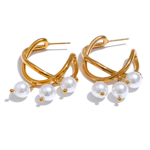 Pearls Geometric Huggie Earrings Gold