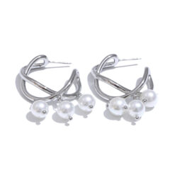 Pearls Geometric Huggie Earrings Silver