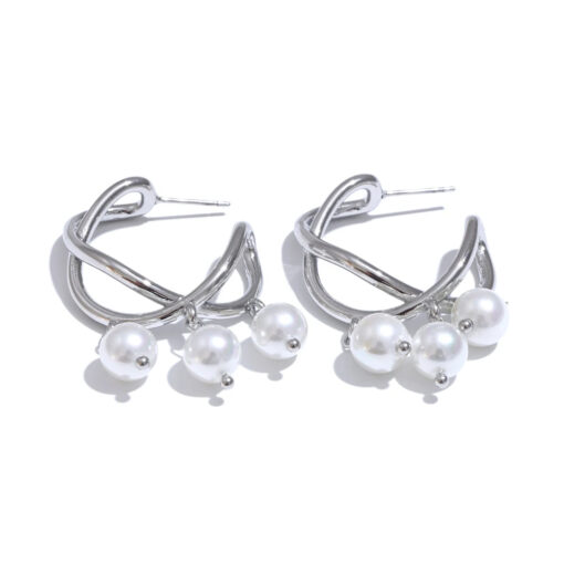 Pearls Geometric Huggie Earrings Silver
