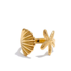 Ocean Style Stainless Steel Metal Shell Starfish Adjustable Summer Ring Gold