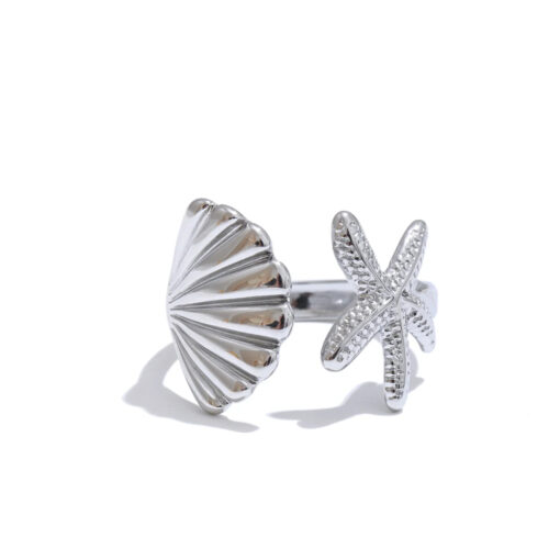 Ocean Style Stainless Steel Metal Shell Starfish Adjustable Summer Ring Silver